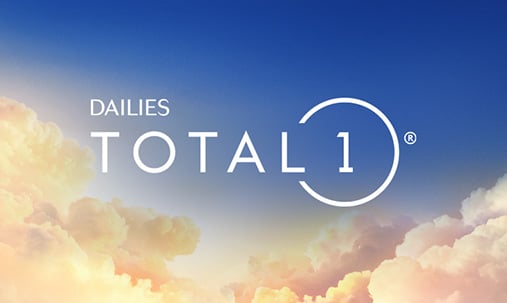 Official logo for Dailies Total1 daily contact lenses set over a blue sky above the clouds