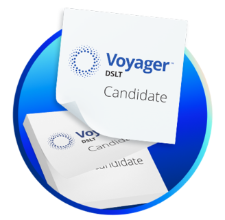 Stack of Voyager DSLT candidate cards with the Voyager logo, used to identify suitable patients