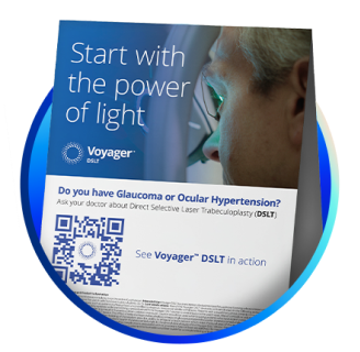 Voyager DSLT flyer featuring the message 'Start with the power of light,' with a patient undergoing eye treatment and a QR code linking to a video demonstration
