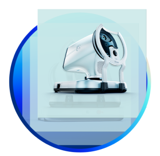 Stacked images of the Alcon Voyager DSLT glaucoma laser device, emphasizing the device's compact design and front-facing treatment interface