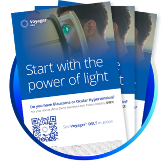 Stack of Voyager DSLT brochures with the headline 'Start with the power of light,' showing a patient receiving eye treatment and a QR code linking to more information