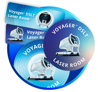 Assorted Voyager DSLT Laser Room door signs and decals featuring the device image and circular blue gradient designs