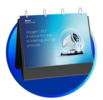 Alcon Vision Suite flip chart with Voyager DSLT promotional page reading 'A natural first step to lowering your eye pressure,' featuring an image of the device