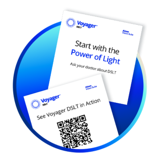 Promotional cards for Voyager DSLT featuring the phrases 'Start with the Power of Light' and 'See Voyager DSLT in Action' with a QR code for video access