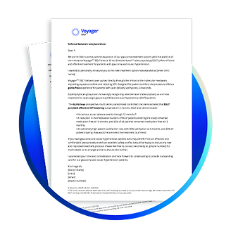 Referral network template letter for Voyager DSLT, displayed on overlapping sheets with the Voyager logo and body text formatted in a formal letter style