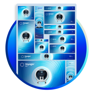 Collection of Voyager DSLT digital ad banners in various sizes, featuring the device image, concentric light patterns, and Voyager branding