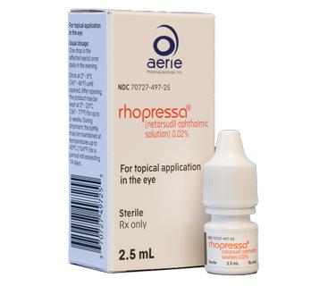 Rhopressa 2.5 mL eye drops (netarsudil ophthalmic solution 0.02%) for topical eye application, shown with white packaging.
