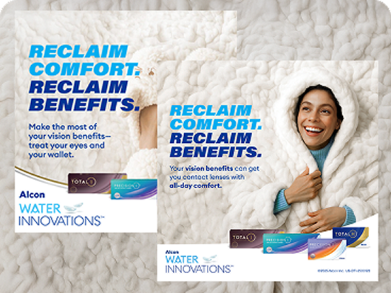 Two Alcon ads promoting vision benefits for contact lenses, featuring the slogan “Reclaim Comfort. Reclaim Benefits.” with lens packaging and a smiling woman wrapped in a fluffy white blanket.