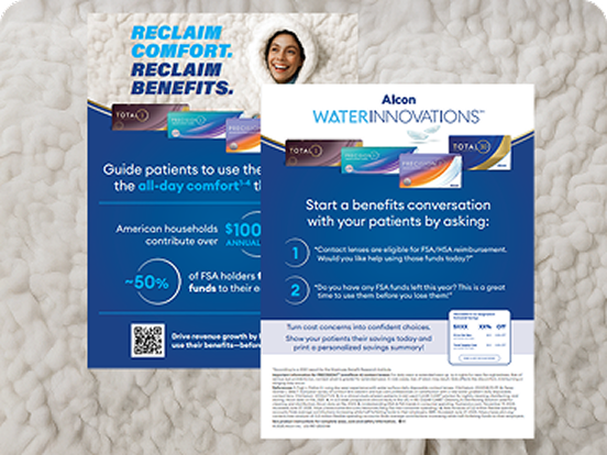 Two Alcon promotional posters encouraging use of FSA/HSA funds for contact lenses, featuring lens products, savings stats, and a smiling woman wrapped in a cozy white blanket.