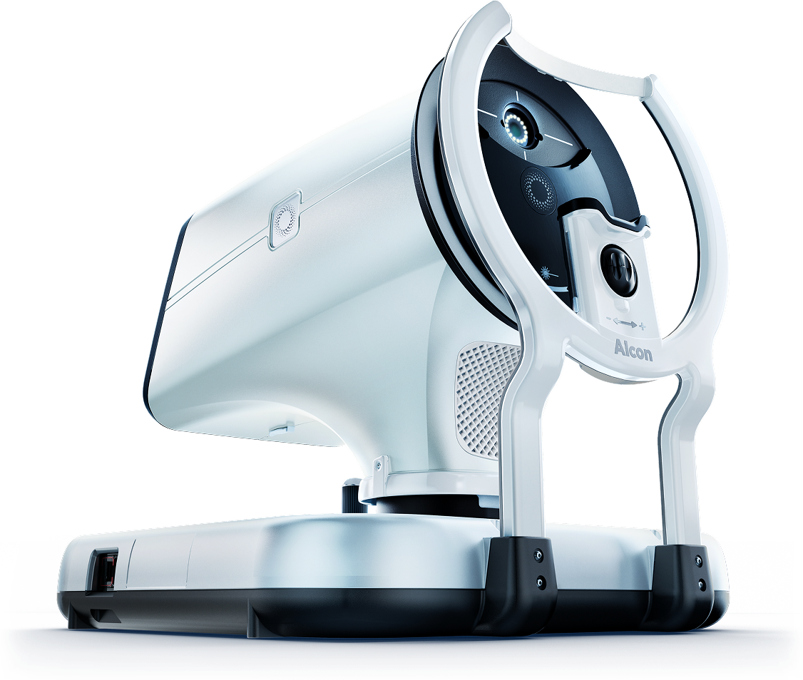 Alcon Voyager DSLT glaucoma laser device, showing the eye interface ring, optical aperture, and ergonomic design for patient alignment