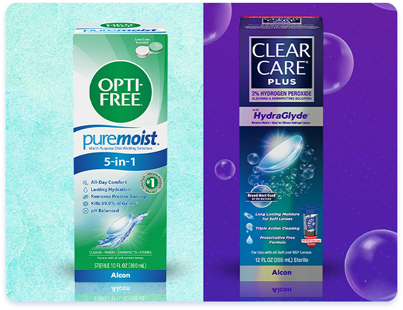 Side-by-side product image showing two contact lens solution boxes. On the left, a green and white Opti-Free Puremoist 5-in-1 solution box (Alcon) stands against a light aqua textured background. On the right, a blue Clear Care Plus HydraGlyde solution box (Alcon) appears against a purple background with floating bubbles.