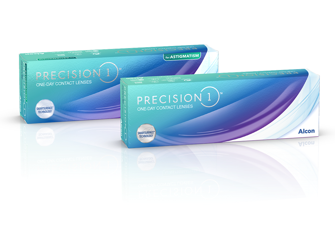 PRECISION1 one-day contact lens packaging by Alcon, including standard and astigmatism lens boxes displayed with reflective surface styling