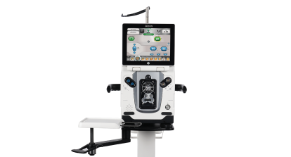Alcon ophthalmic surgical system with touchscreen interface and hand controls, designed for precision cataract procedures.