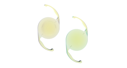 Two Alcon Clareon intraocular lenses (IOLs) shown side by side, one with concentric rings for multifocal vision and one with a smooth surface for monofocal correction.