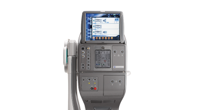 Alcon surgical equipment with integrated touchscreen display showing interface for ophthalmic procedures, including system controls and settings.