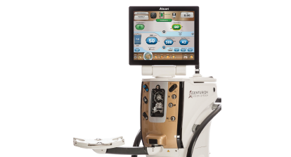 Alcon Centurion Vision System device with touchscreen interface for cataract surgery, displaying real-time surgical settings and performance metrics.