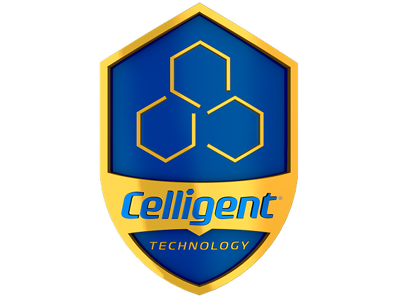 Blue and gold shield-shaped badge with hexagon design and the words “Celligent Technology.”