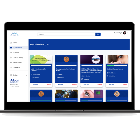 Laptop displaying the Alcon Experience Academy dashboard with educational course tiles and navigation menu for eye care professionals.