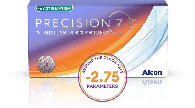 product box for Precision7 for Astigmatism one-week replacement contact lenses