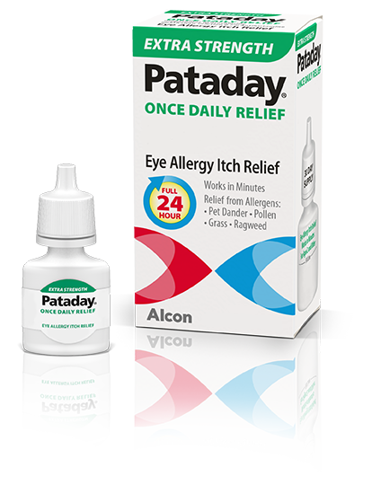 bottle and product box for Extra Strength Pataday eye allergy itch relief drops by Alcon