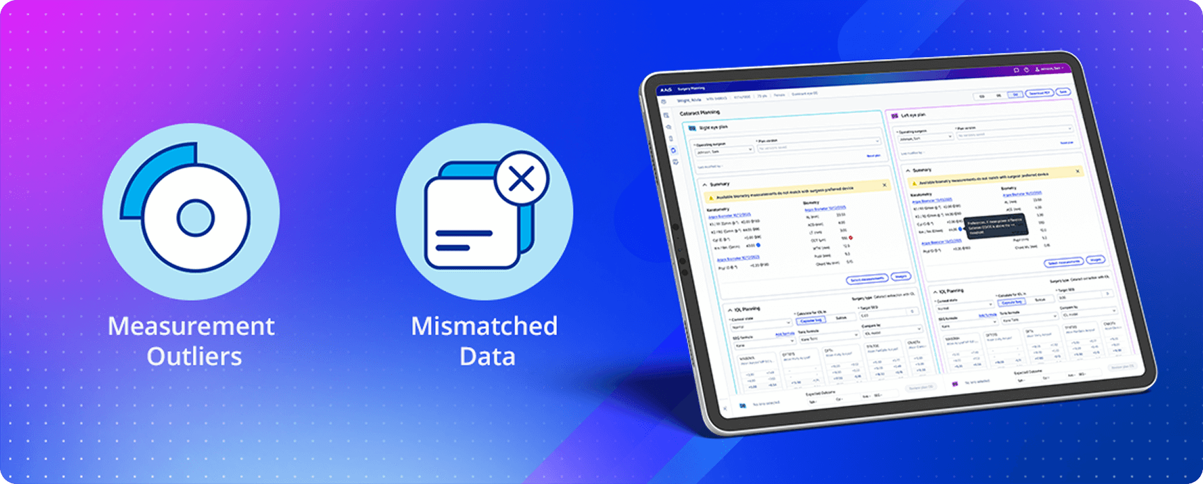 Graphic showing issues solved by a digital planner: measurement outliers and mismatched data, with a tablet display.