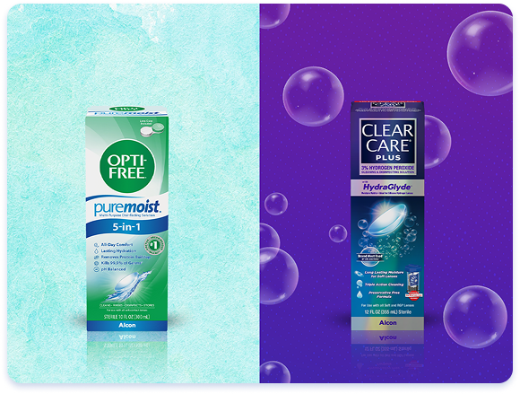 Side-by-side product image showing two contact lens solution boxes. On the left, a green and white Opti-Free Puremoist 5-in-1 solution box (Alcon) stands against a light aqua textured background. On the right, a blue Clear Care Plus HydraGlyde solution box (Alcon) appears against a purple background with floating bubbles.