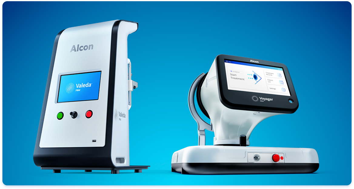 Two Alcon devices—the Valeda® light therapy system for dry AMD and the investigational Voyager™ DSLT laser for glaucoma—shown on a blue background.
