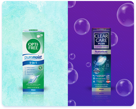 Side-by-side product image of OPTI-FREE Puremoist multi-purpose solution and CLEAR CARE Plus hydrogen peroxide solution