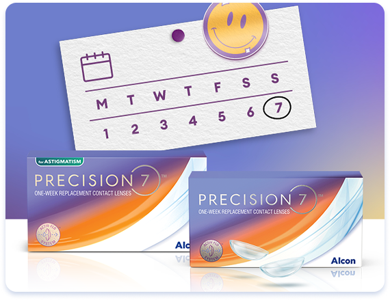 Calendar graphic highlighting a one-week schedule above PRECISION7 one-week replacement contact lens packaging