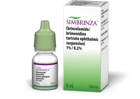 Simbrinza 8 mL eye drops for reducing eye pressure, with green cap and white packaging labeled 1%/0.2%.