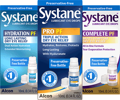 Systane Hydration PF, Systane Pro, and Systane Complete PF packshots
