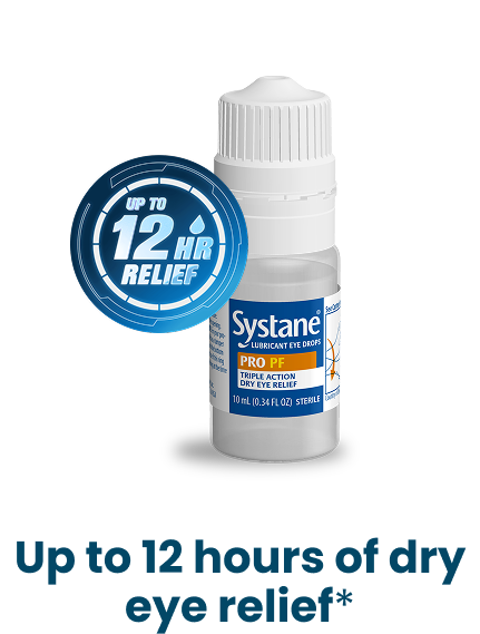 Systane PRO PF lubricant eye drop bottle with “Up to 12 HR Relief” badge. Text below reads “Up to 12 hours of dry eye relief.” Product by Alcon.