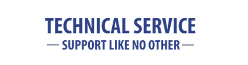Logo for "Technical Service – Support Like No Other," featuring a blue diamond-shaped icon with two hands holding an eye symbol, alongside bold blue text.