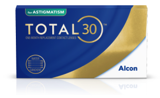 Box of TOTAL30 for Astigmatism one-month replacement contact lenses featuring Water Gradient technology and Alcon branding.