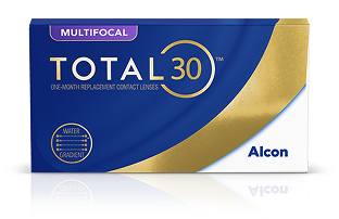 Box of TOTAL30 Multifocal one-month replacement contact lenses featuring Water Gradient technology and Alcon branding.