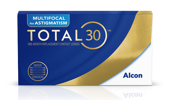 Product box for Total30 Multifocal for Astigmatism one-month replacement contact lenses in blue and gold packaging and Alcon logo.