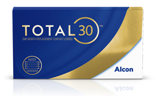 Box of TOTAL30 one-month replacement contact lenses featuring Water Gradient technology and Alcon branding.