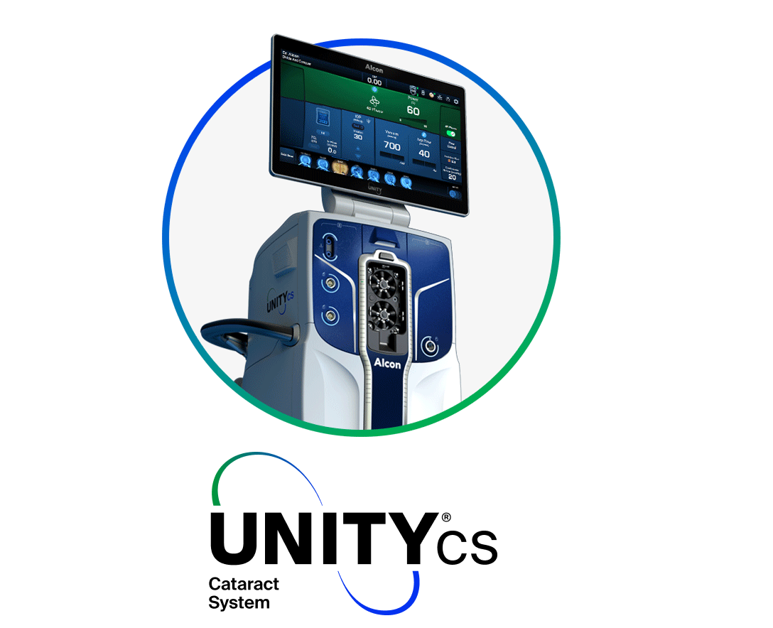 Alcon UNITY CS surgical system with a large display screen showing cataract surgery settings
