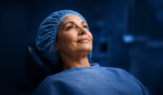 Patient wearing a surgical cap and gown before an ophthalmic procedure