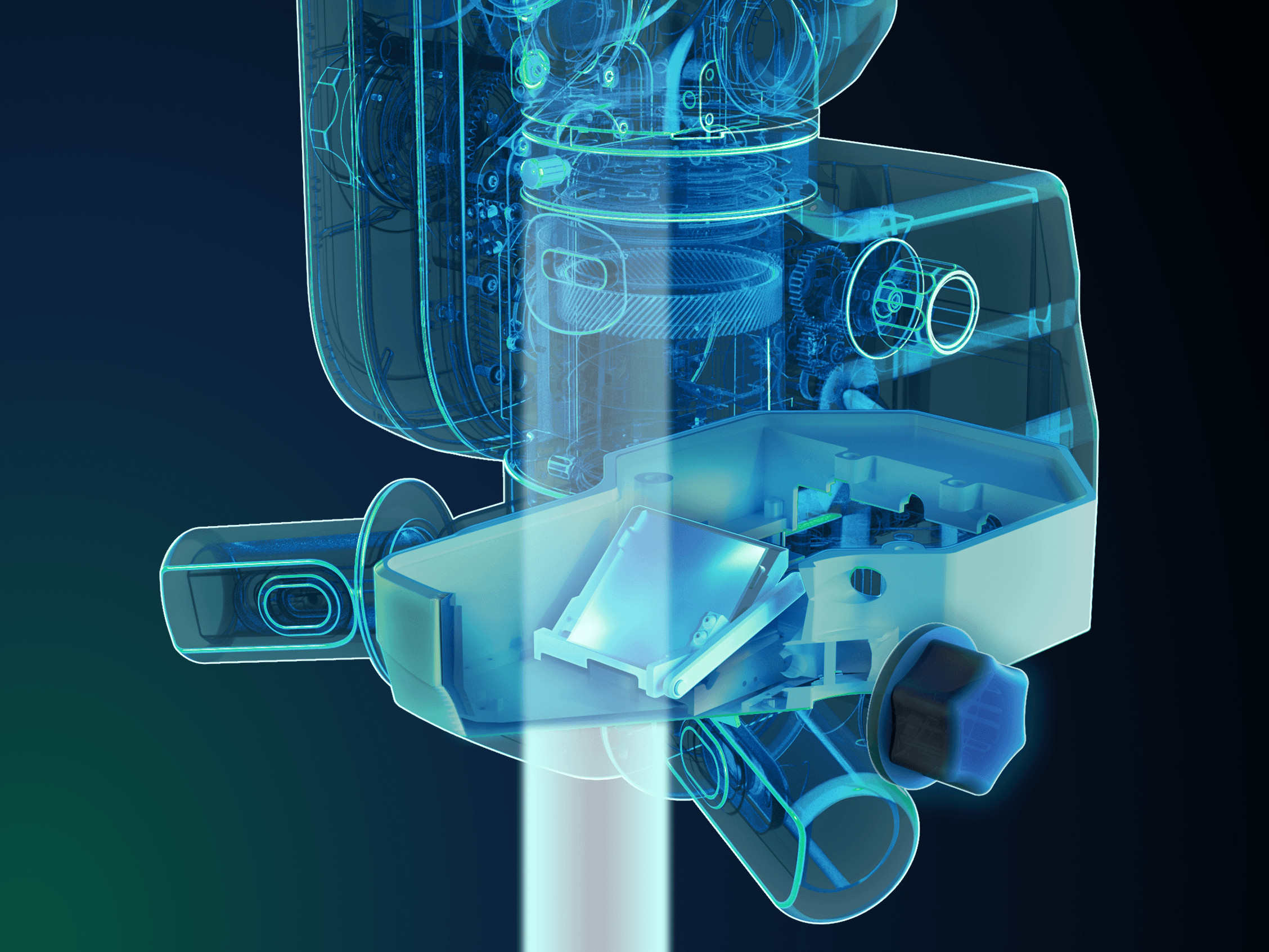 Transparent illustration of the UNITY M microscope optical and illumination system