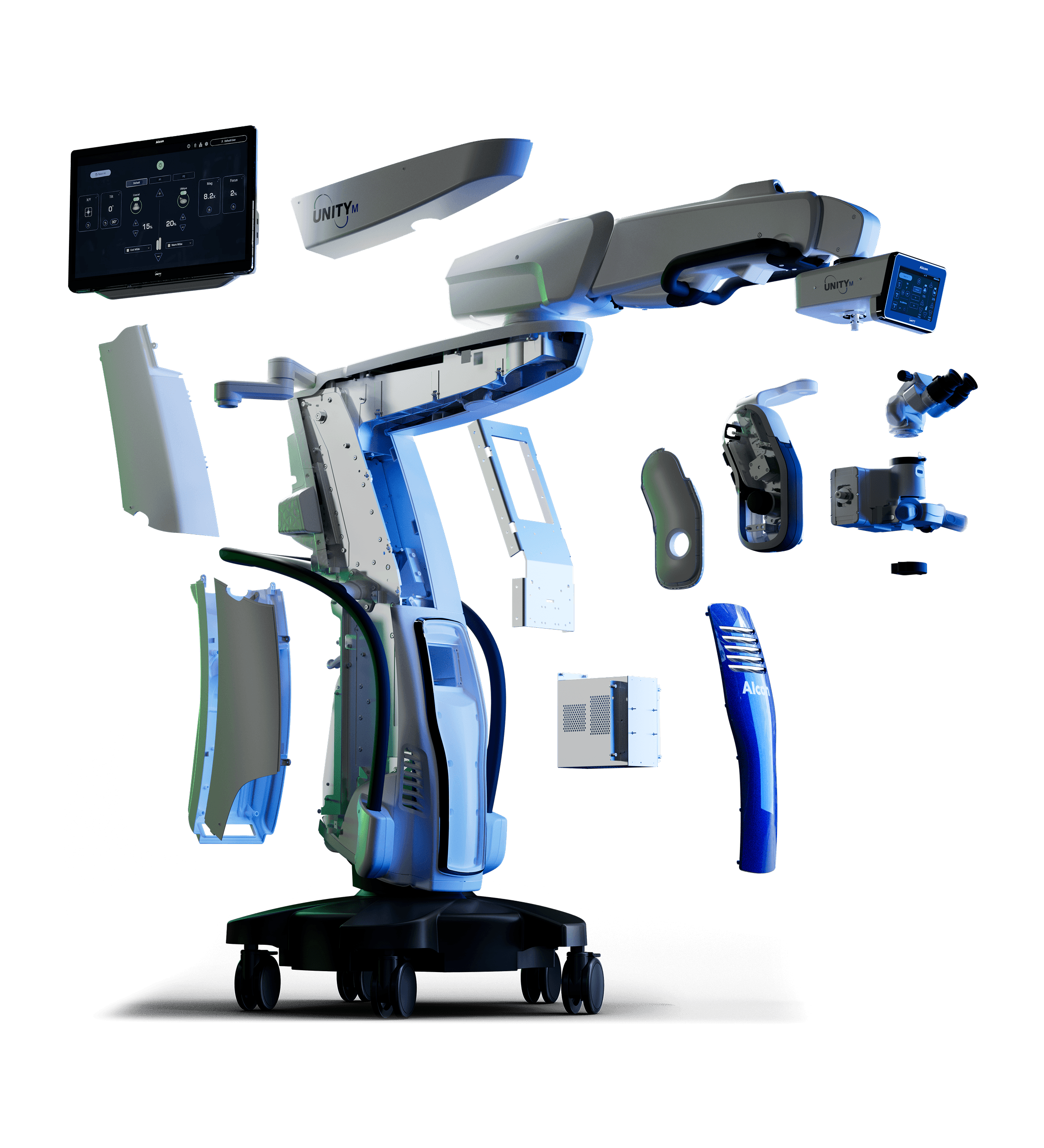 Exploded view of the UNITY M ophthalmic surgical microscope and its components