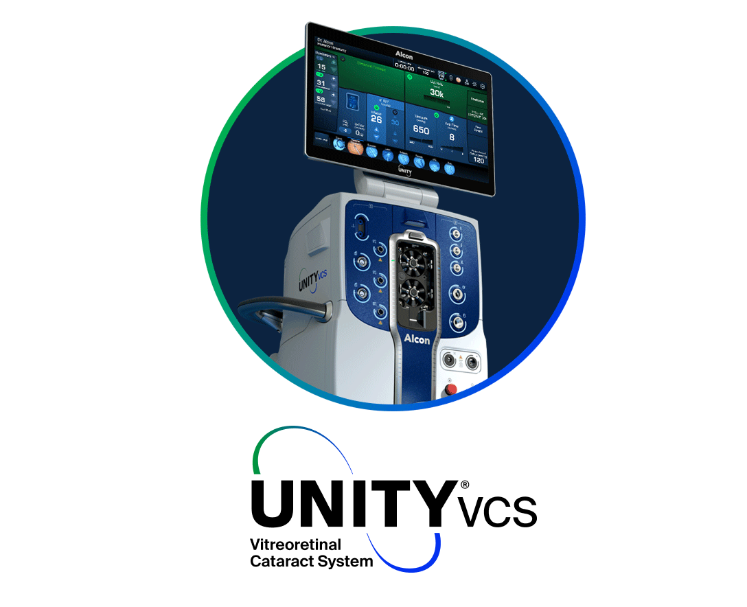 Alcon UNITY VCS surgical system with a large digital screen displaying surgical settings, shown inside a circular graphic frame