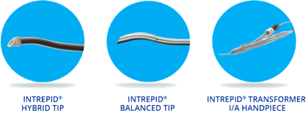 INTREPID Hybrid Tip, INTREPID Balanced Tip, and INTREPID Transformer I/A handpiece each on an individual blue circle background