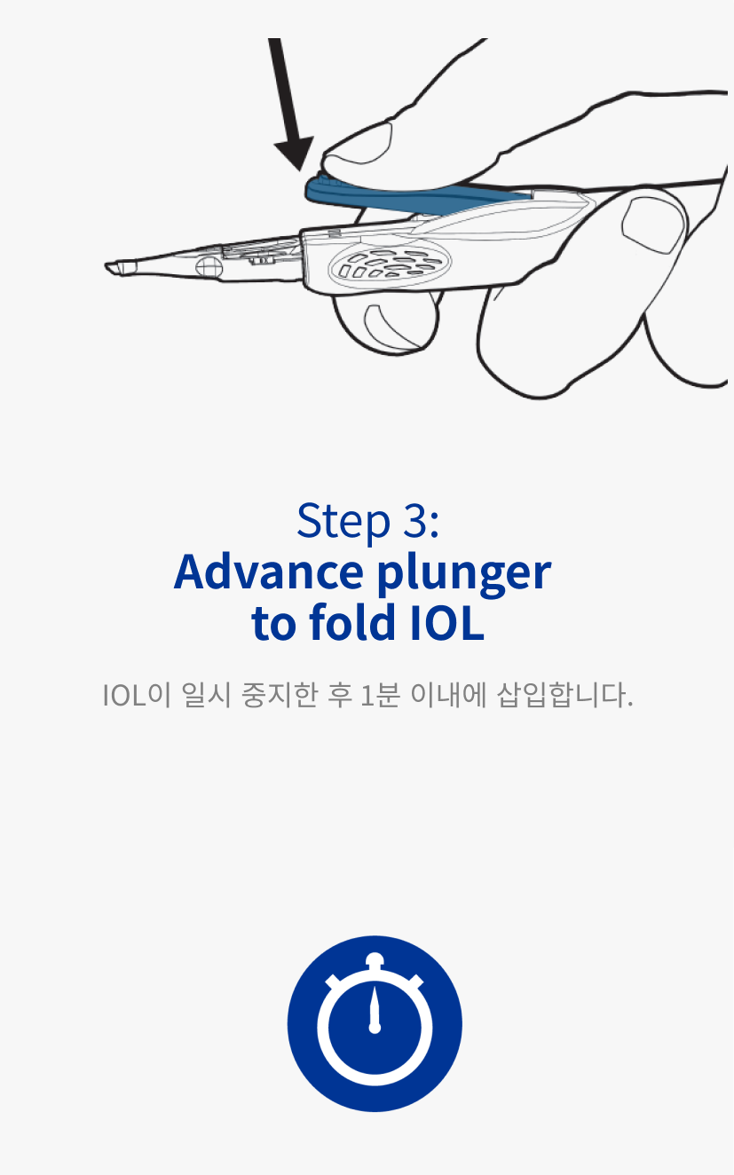 AutonoMe Delivery 시스템을 잡고 있는 손의 그림입니다. 검은색 화살표가 장치 쪽을 가리키며 아래로 밀리는 동작을 나타냅니다.파란색 시계 아이콘.