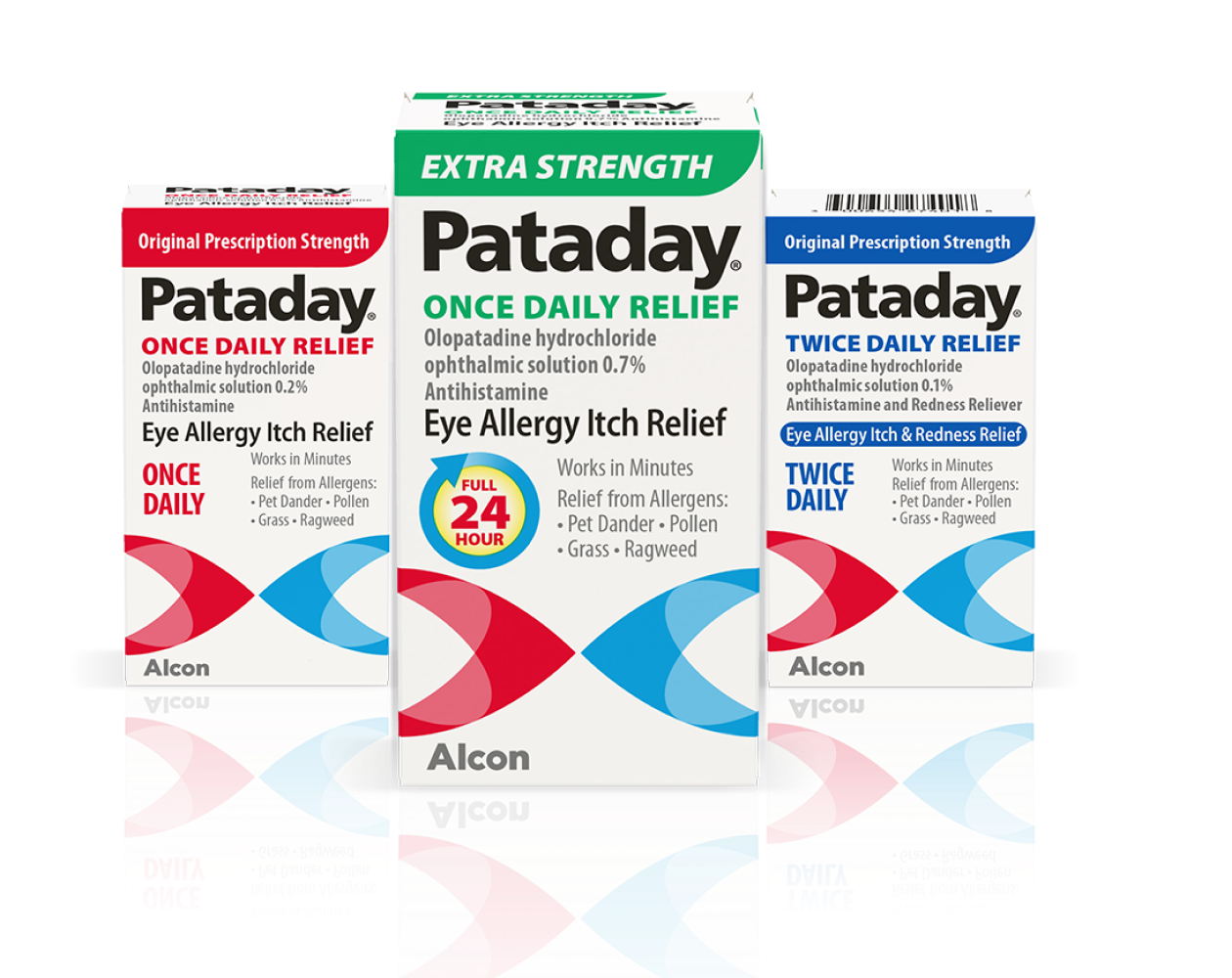 product boxes for Pataday Eye Allergy Itch Relief Eye Drops in Once Daily Relief, Twice Daily Relief, and Extra Strength