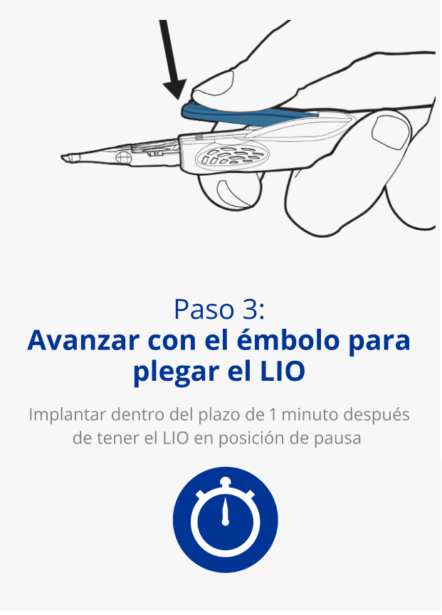Ilustración de una mano sujetando un sistema inyector AutonoMe. Una flecha negra apunta hacia el dispositivo para indicar un movimiento de pulsar hacia abajo. Icono azul de un reloj.  