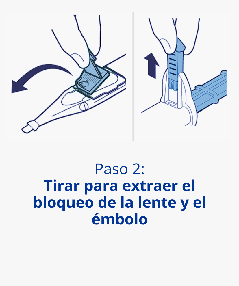 Dos ilustraciones del segundo paso de la preparación del implante con el dispositivo UltraSert. La imagen de la izquierda tiene una mano tirando del tope de la lente en un dispositivo UltraSert. La imagen de la derecha tiene una mano sacando el émbolo de un dispositivo UltraSert.