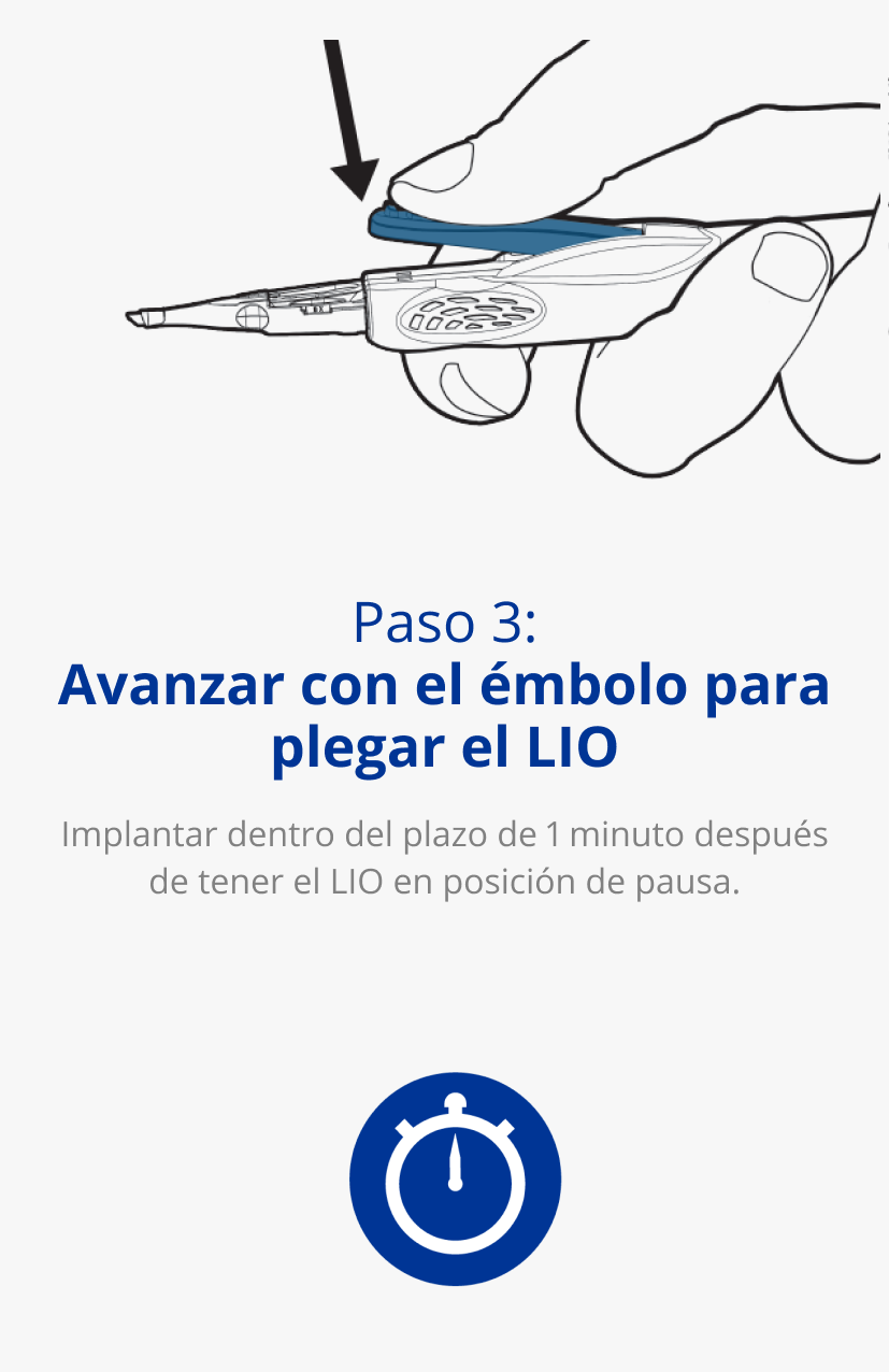 Ilustración de una mano sujetando un sistema inyector AutonoMe. Una flecha negra apunta hacia el dispositivo para indicar un movimiento de pulsar hacia abajo. Icono azul de un reloj.