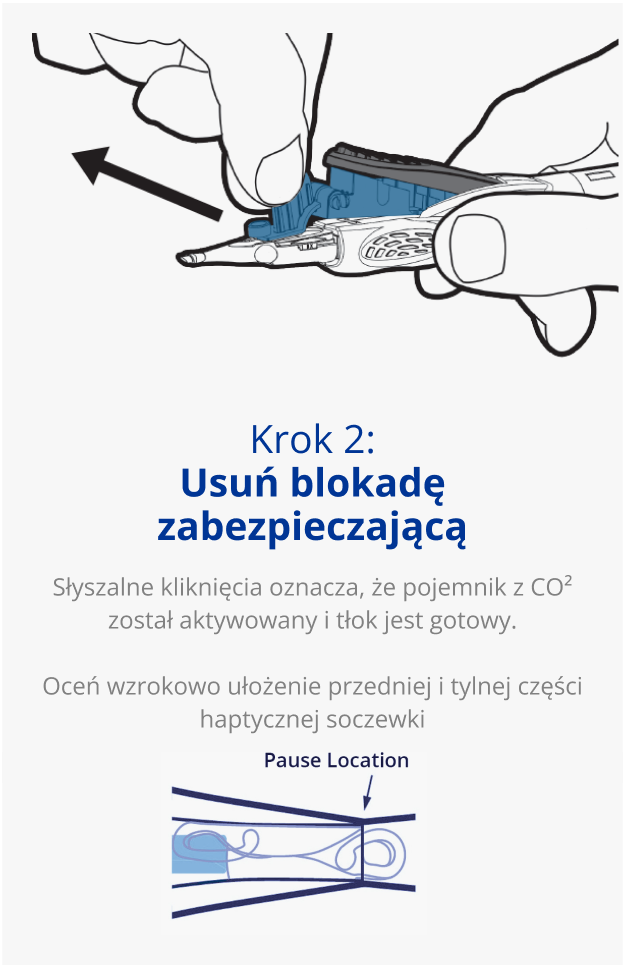 Illustration of a hand holding an AutonoMe Delivery System. A black arrow points away from the device’s cartridge to indicate a pulling movement.  Illustration of an AutonoMe Delivery System’s plunger/cartridge piece. A dark blue arrow points towards the folded IOL in the AutonoMe cartridge with text that reads “Pause Location.”