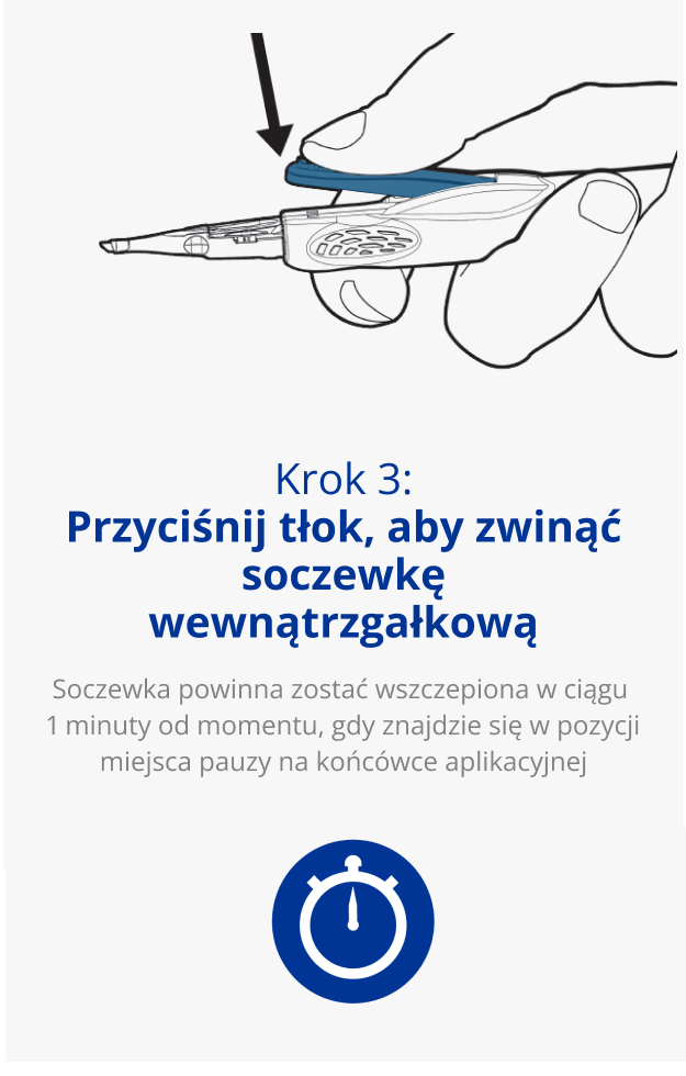 Illustration of a hand holding an AutonoMe Delivery System. A black arrow points towards the device to indicate a pushing down movement.Blue icon of a clock.